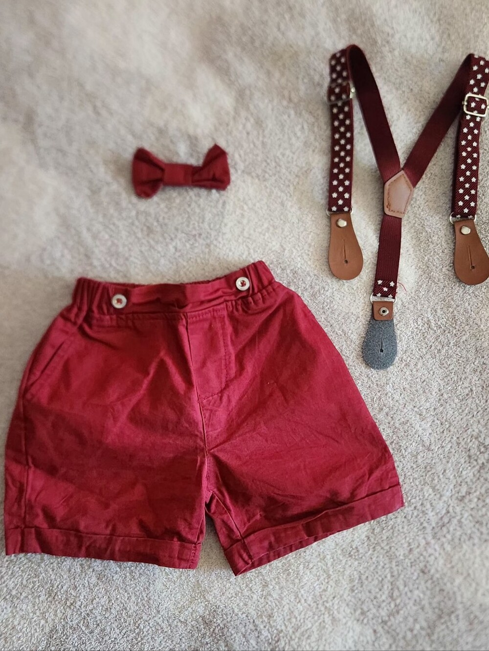 Kids Red Bow Tie & Shorts Set with Polka Dot Suspenders